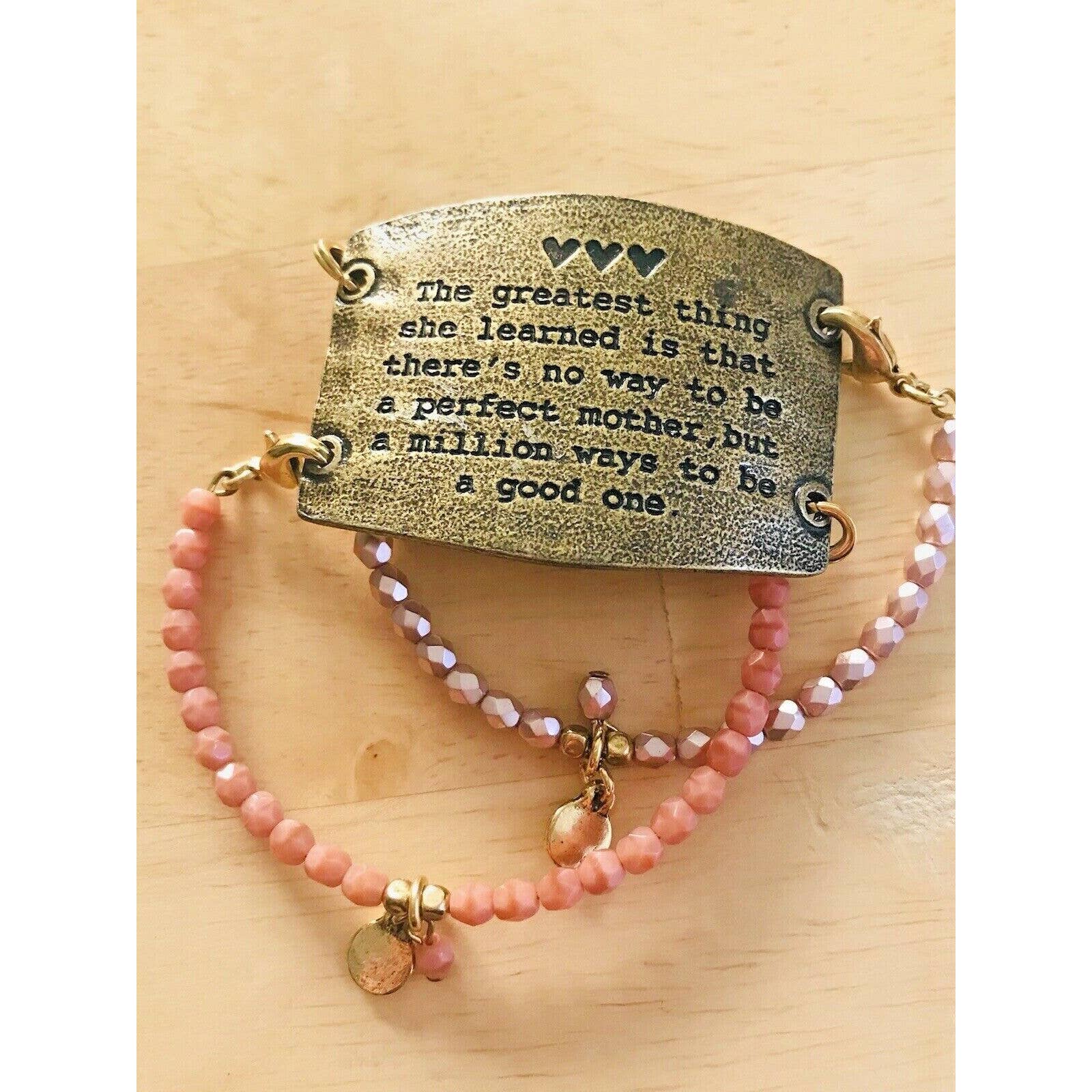 Le Love Quote Good Mother Pink Beaded Bracelet Bronze Tone Plate